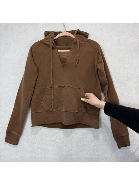 Nili Lotan Hoodie Womens XS Brown Terry V Neck Pullover Kangaroo Pocket Raw Hem